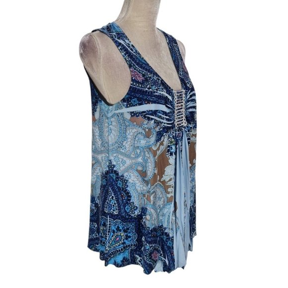 unity world mean Womens Asymmetric Hem Tank Top Flowy Size L Blue Floral  B6P - Picture 3 of 7